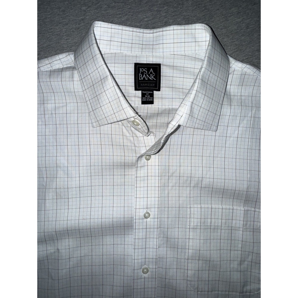 Jos A Bank Men Traveler Dress Shirt Traditional Fit 18 34 White w Tan Blue Check